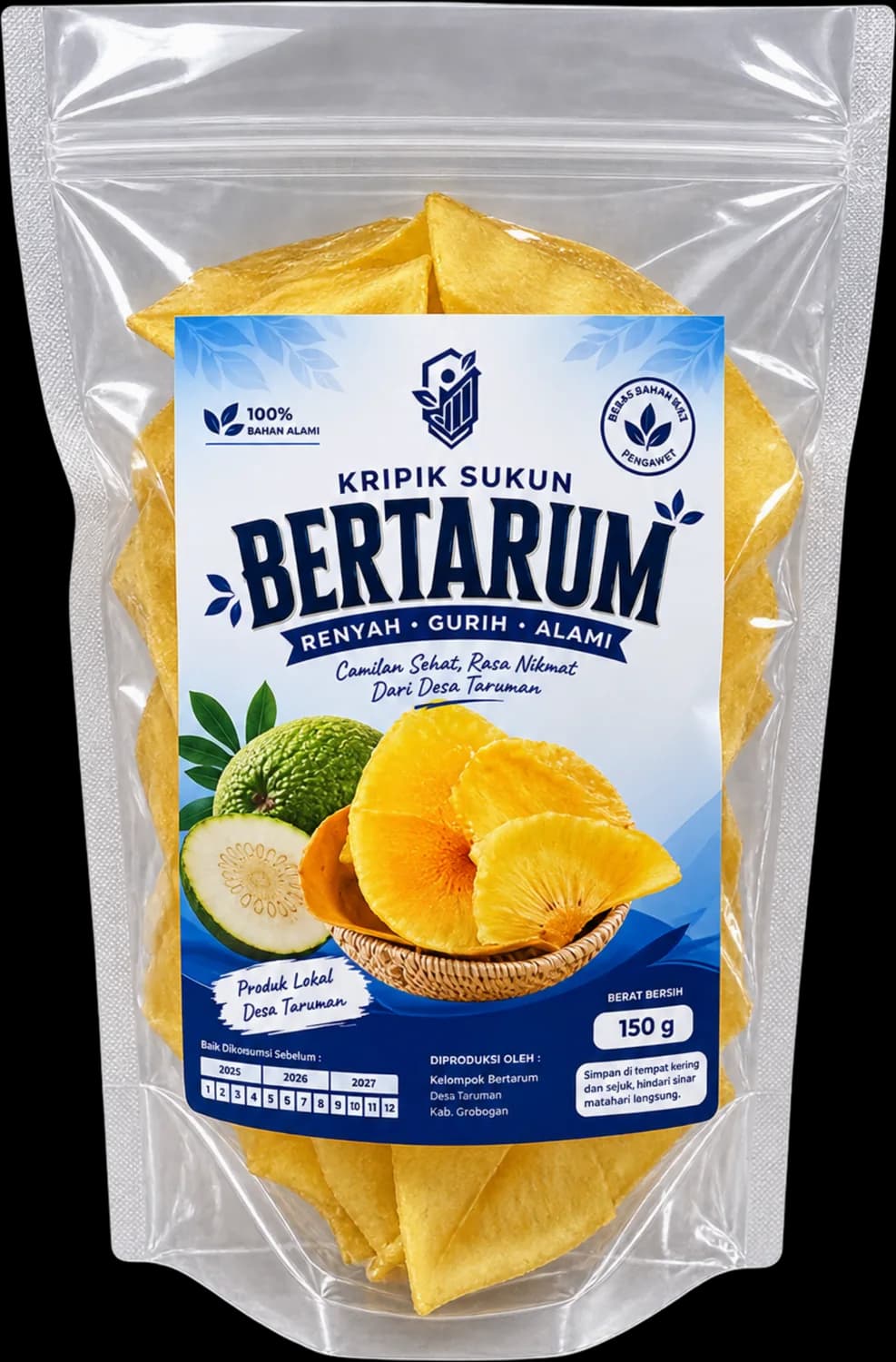 Kemasan Kripik Sukun BERTARUM: pouch bening berlabel biru, keripik sukun keemasan terlihat dari luar kemasan.