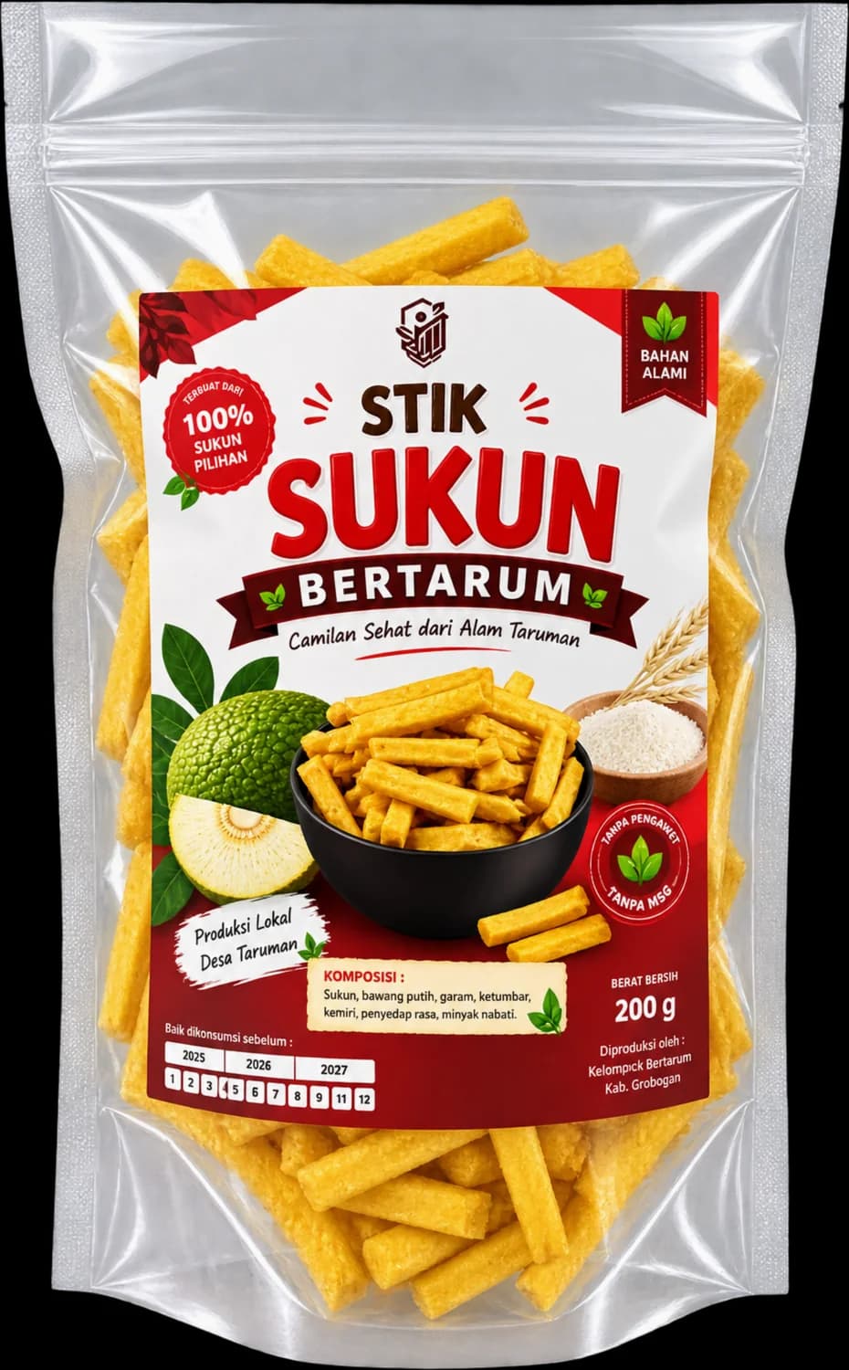 Kemasan Stik Sukun BERTARUM: pouch bening berlabel merah, stik sukun keemasan terlihat dari luar kemasan.